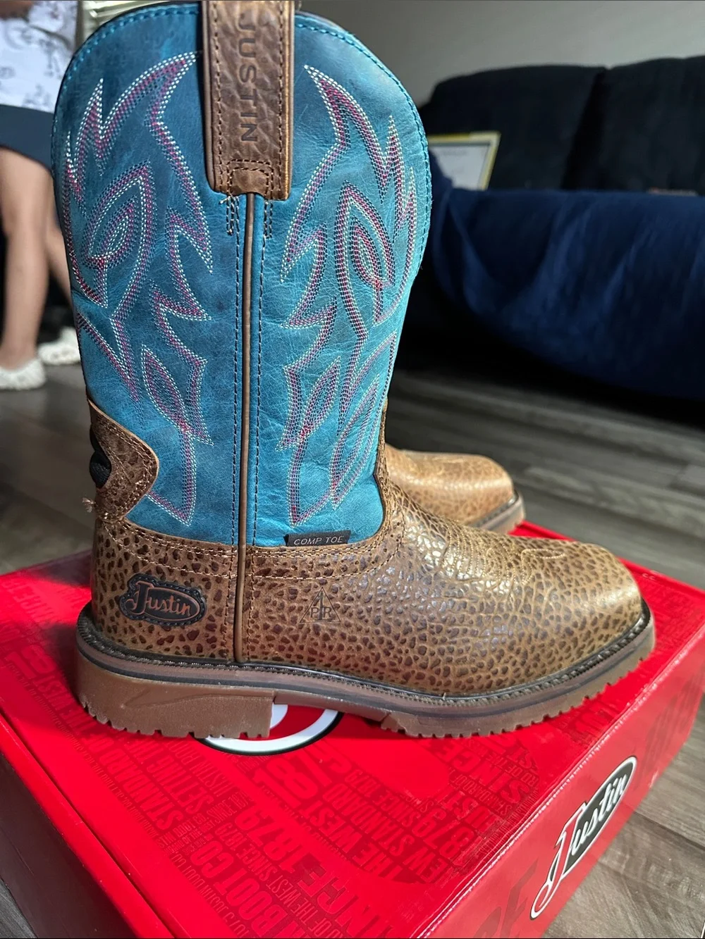 Justin Boots Men's Brown Leopard-Print Foot with Turquoise Shaft Cowboy Boots